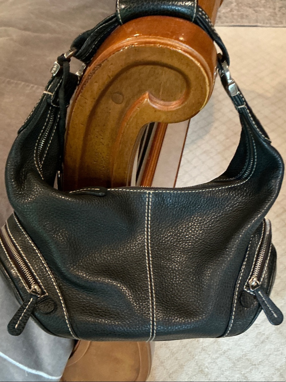Tod's Black Leather Hobo Bag with White Stitching